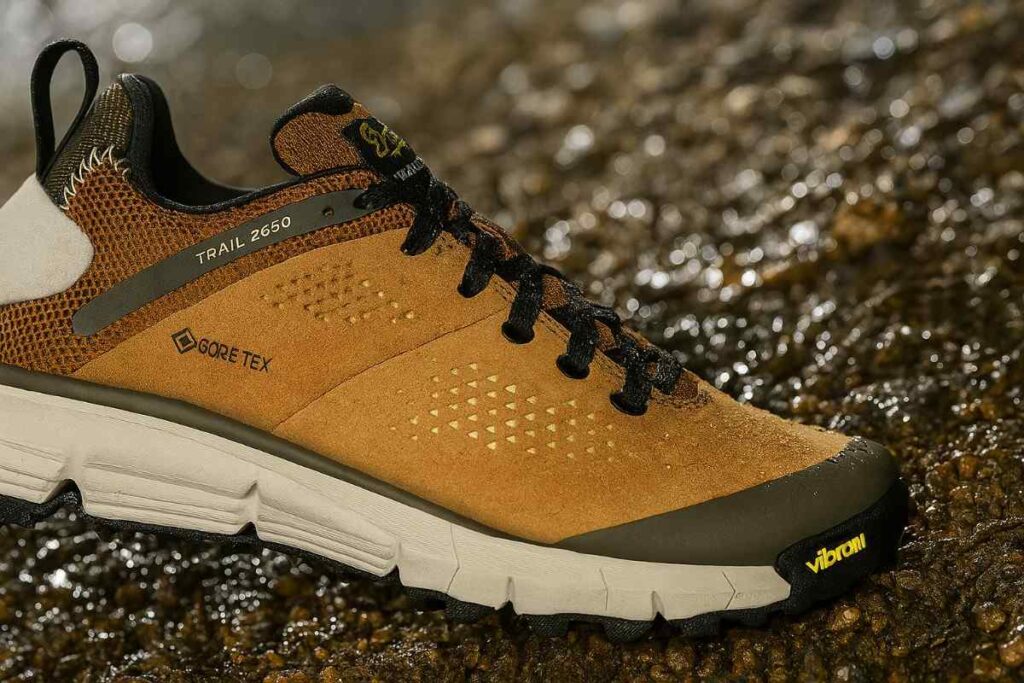 Close-up of Danner Trail 2650 GTX women’s waterproof hiking shoes on wet scree slope.