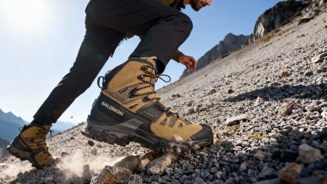 Hiker climbing uphill while wearing Salomon Quest 4 GTX.