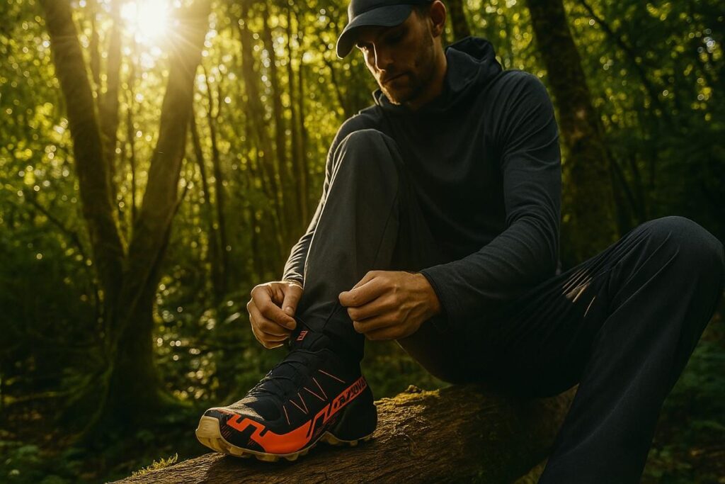 Hiker lacing up his Salomon Speedcross 6 GTX hiking shoes.