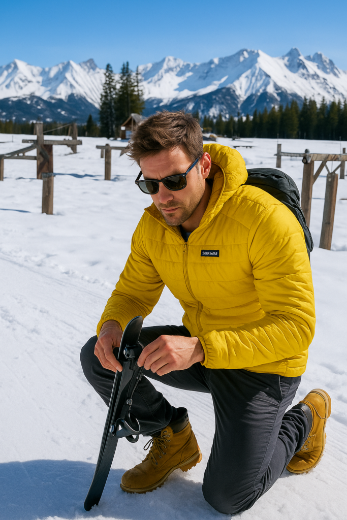 Experienced hiker Ethan Marlowe knee down sitting on snowy surface.