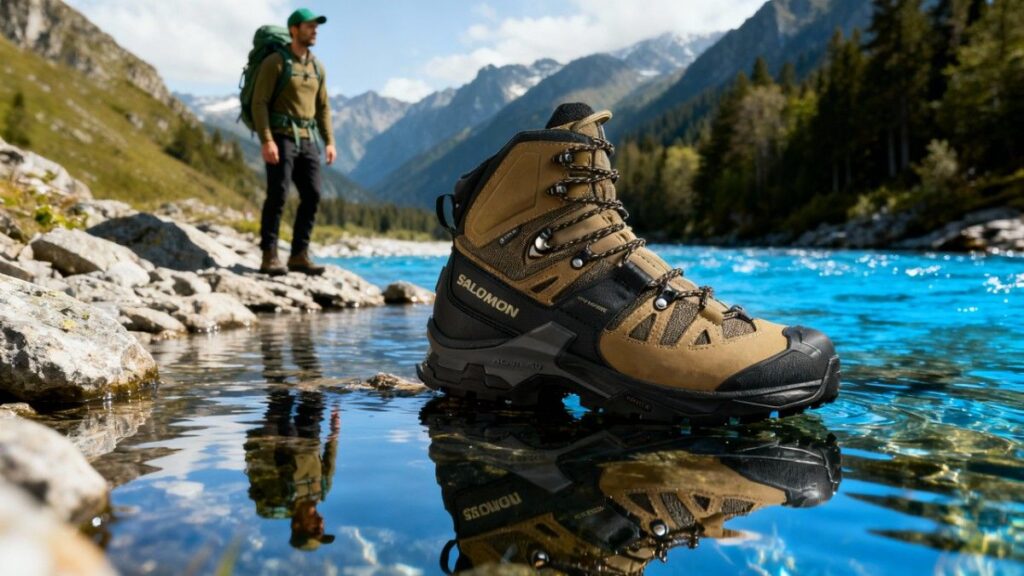 Salomon Quest 4 GTX displayed on water surface.