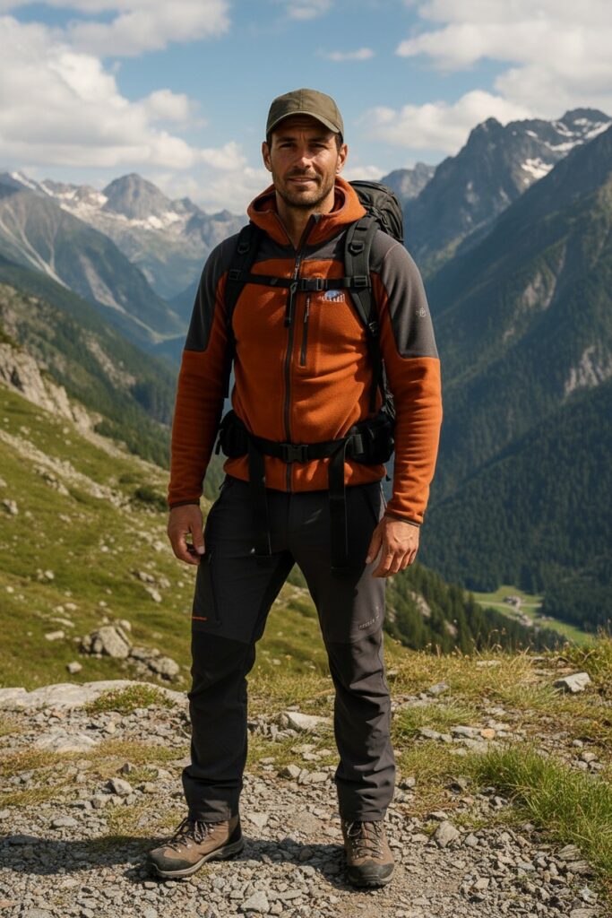 Experienced Hiker Ethan Marlowe standing firm on the top of mountain.