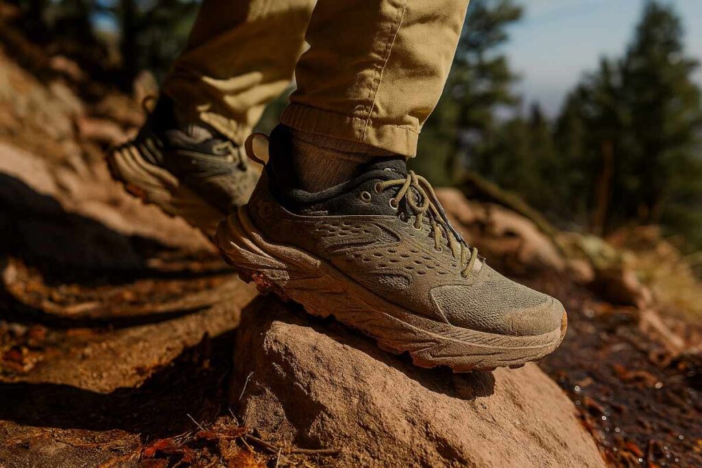 Close-up of Hiker boot wearing Hoka Anacapa 2 Low GTX and standing on rocks.