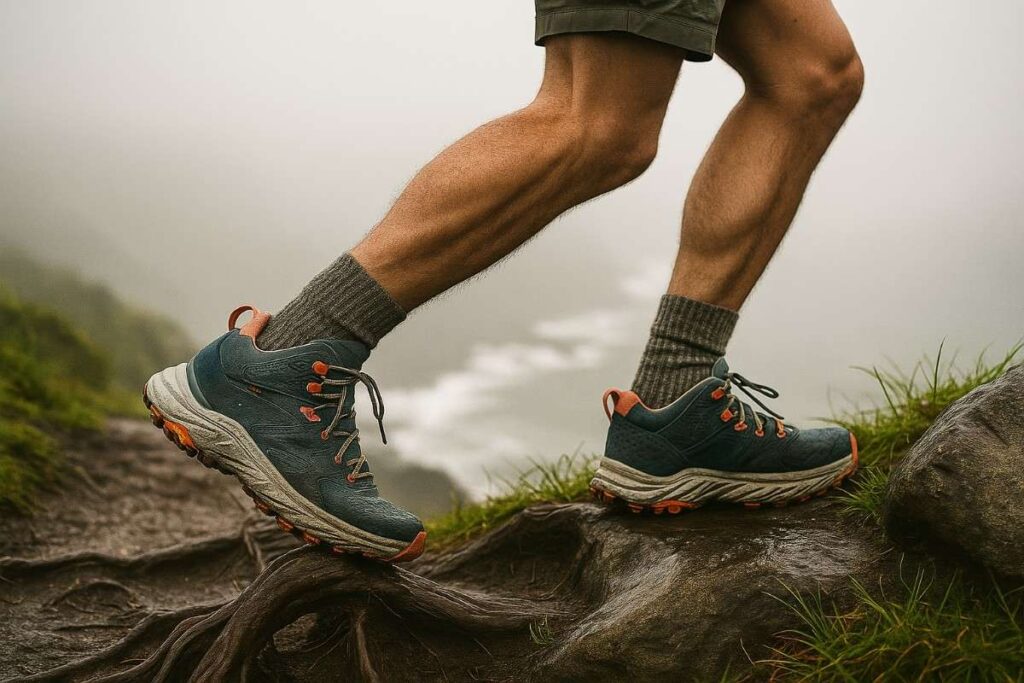 Hiker legs wearing HOKA Anacapa 2 on a foggy coastal ridge with wet roots.