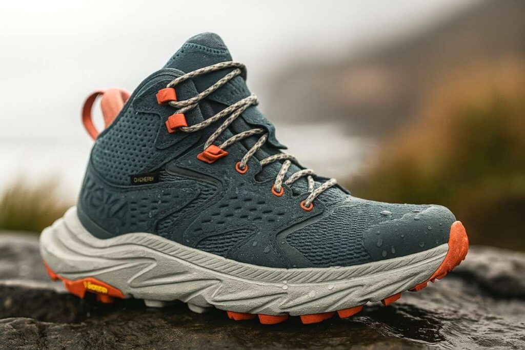 HOKA Anacapa 2 Mid GTX women’s boot close-up on wet coastal ridge rock with sea mist.