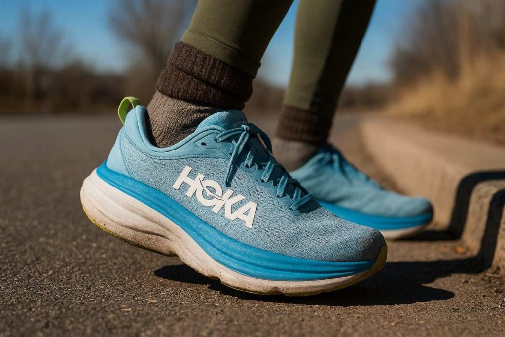 Hiker’s legs wearing HOKA Bondi 8 stepping off a paved Golden, Colorado road; visible heel compression.