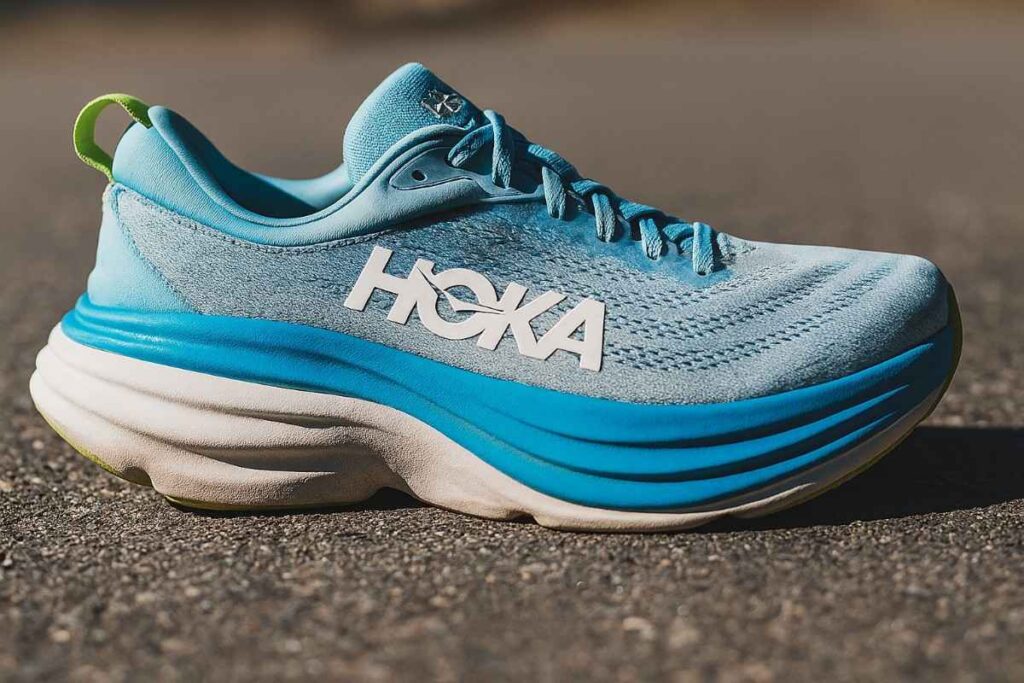 Close-up of HOKA Bondi 8 on sunlit asphalt showing textured midsole and scuffed outsole.