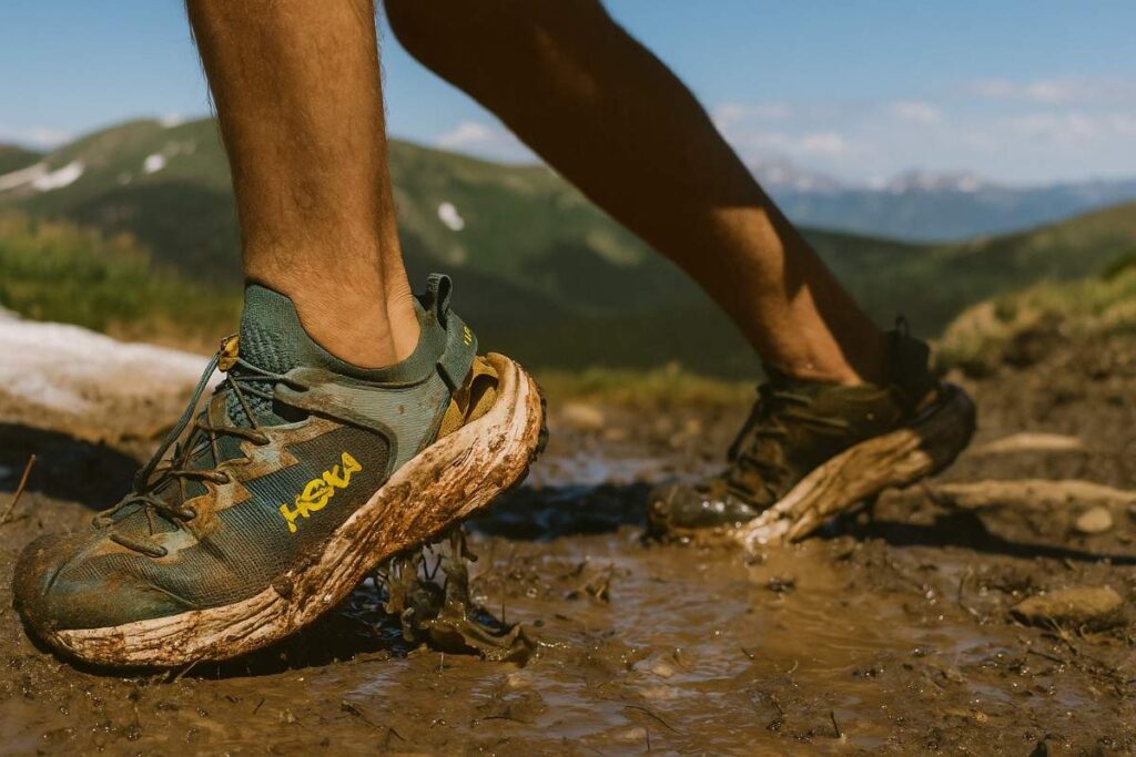 Hiker wearing Hoka Hopara 2 and running through muddy terrain.