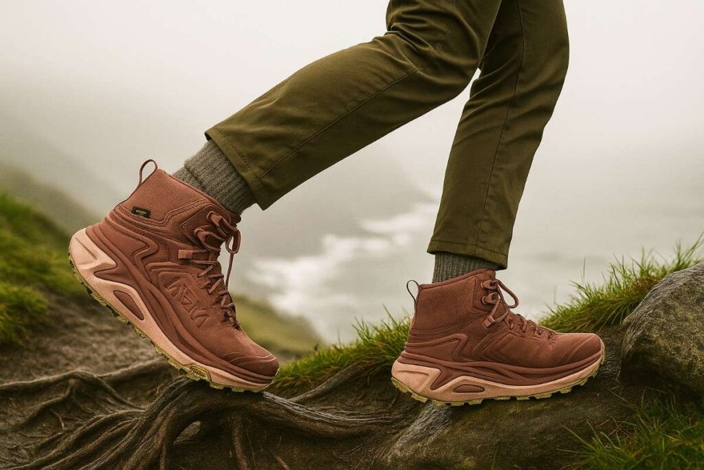 Hiker legs in HOKA Kaha 3 GTX crossing a mossy log in a foggy temperate rainforest.