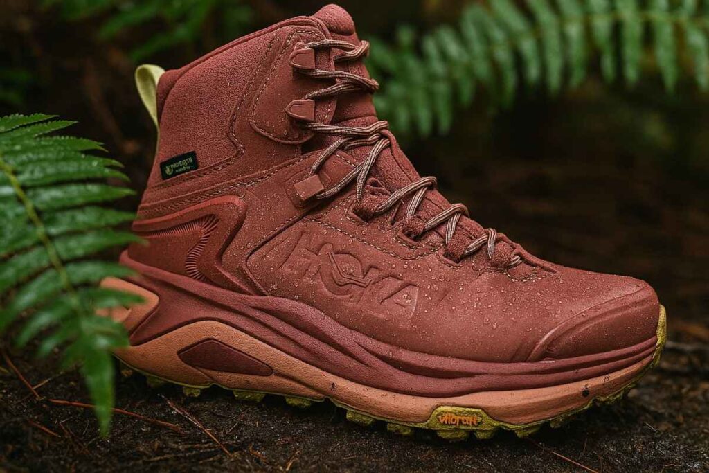 HOKA Kaha 3 GTX women’s boot close-up on temperate rainforest duff with ferns and moisture.
