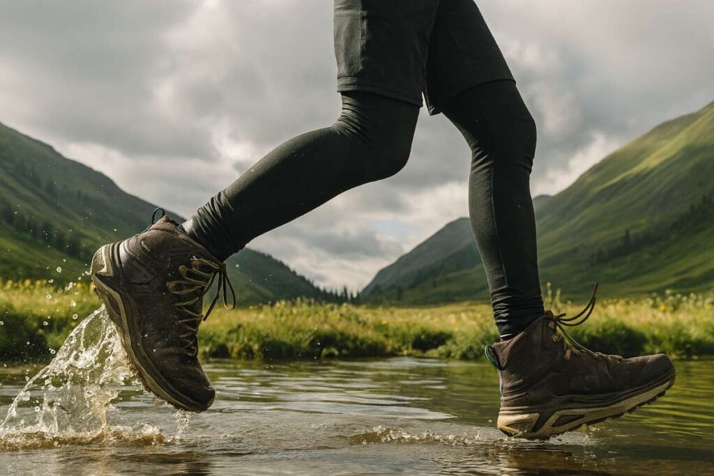 Hiker crossing water while wearing hiking boots.