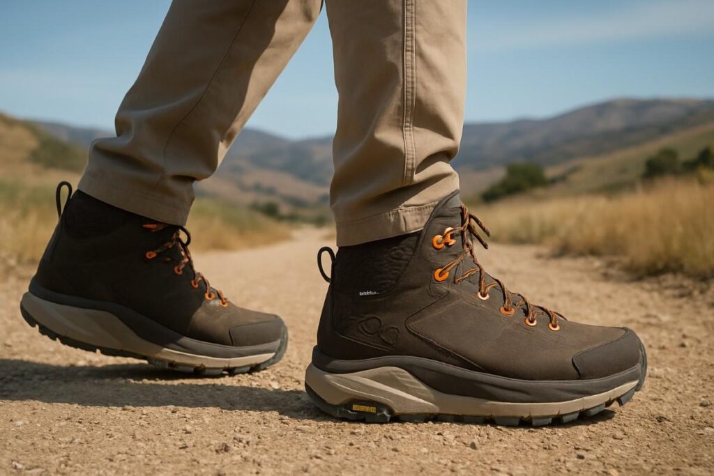 Knees down hiker's legs shot wearing hiking boots for bunions