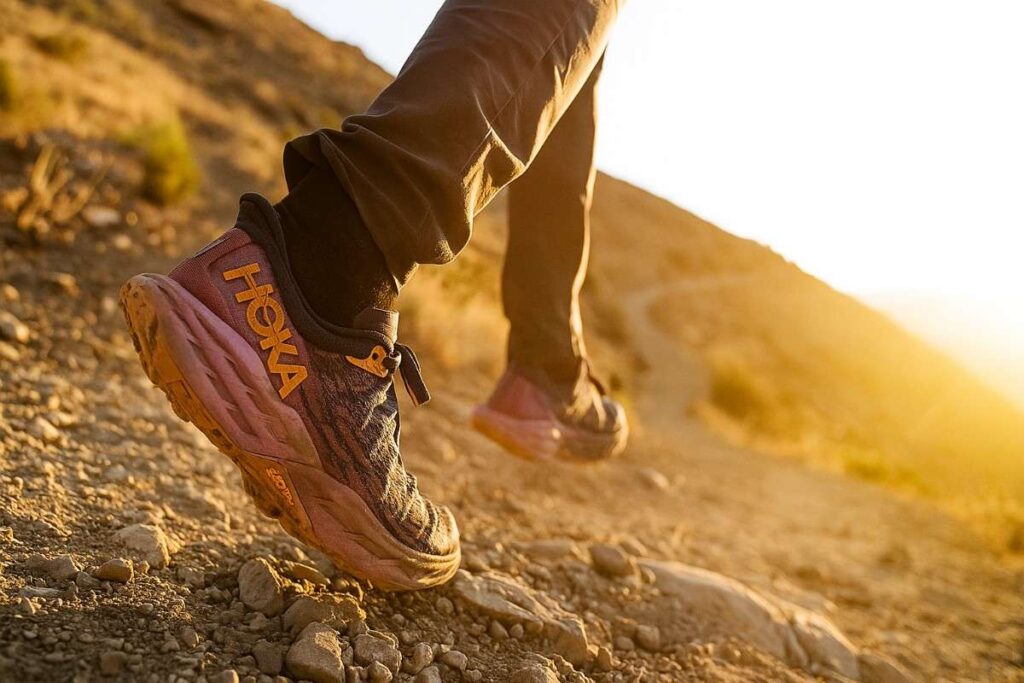 Female trail runner testing HOKA Speedgoat 5 on rocky Colorado mountain switchbacks at sunrise.