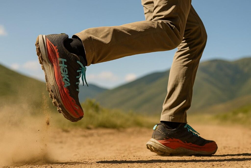 Female trail runner sprinting on dusty trail wearing HOKA Torrent 4.