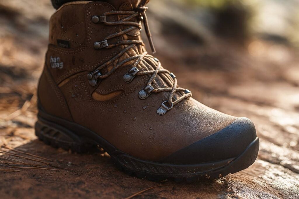Close-up of Hanwag Tatra II Bunion GTX on damp sandstone trail, wet leather and Vibram sole visible.