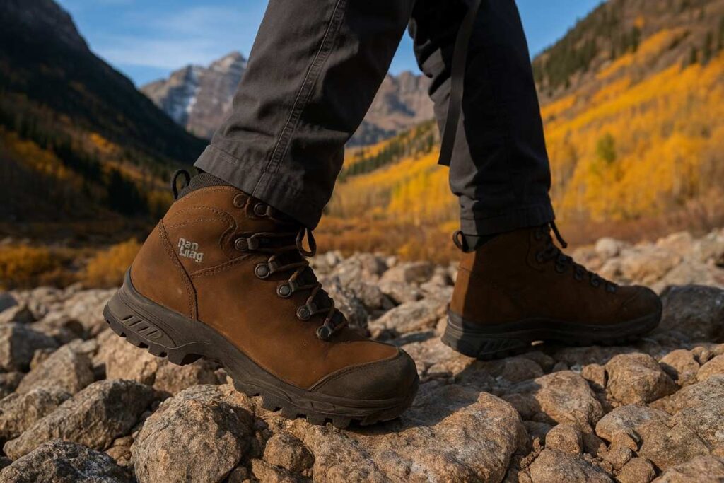 Hiker using Hanwag Tatra II GTX boots on alpine talus near Maroon Bells, Colorado.