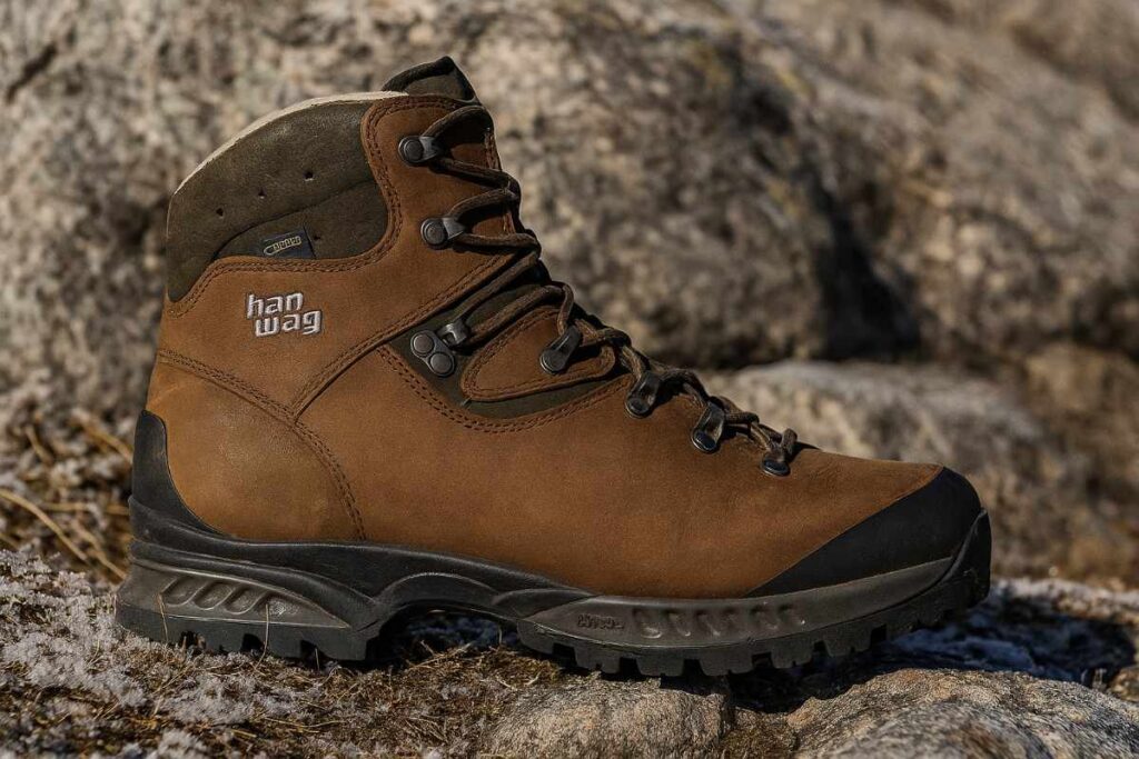 Close-up of Hanwag Tatra II GTX leather hiking boots on alpine talus in Colorado.