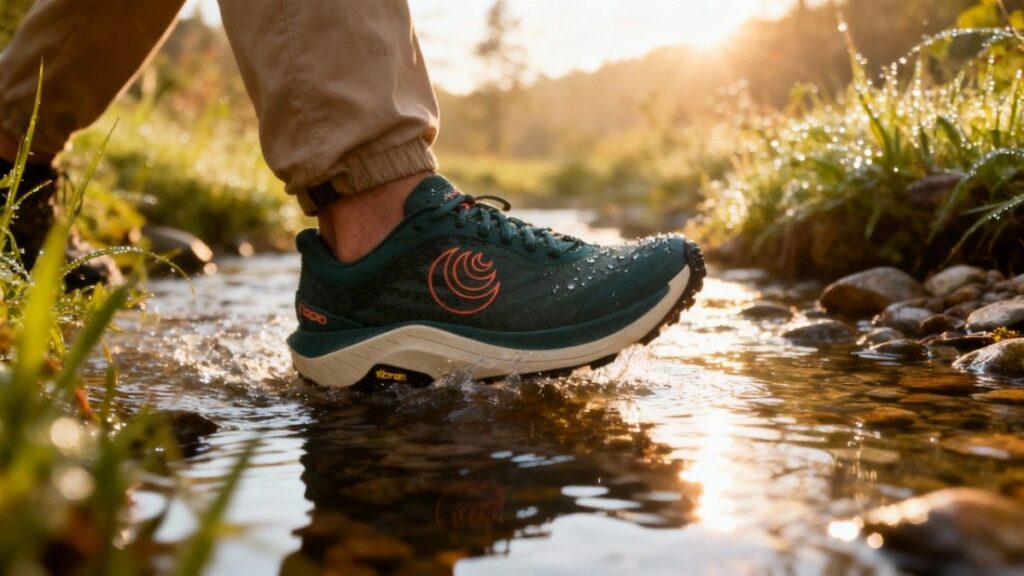Close-up of hiker crossing water stream wearing Topo Ultraventure 4. 