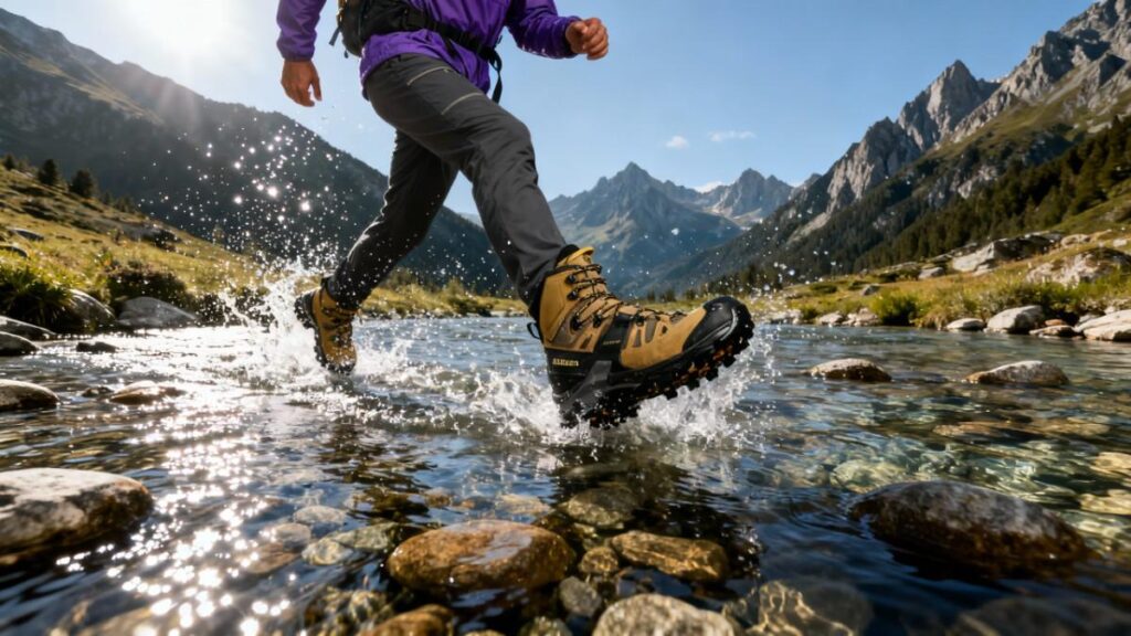 Hiker running through a water stream with Salomon Quest 4 GTX.