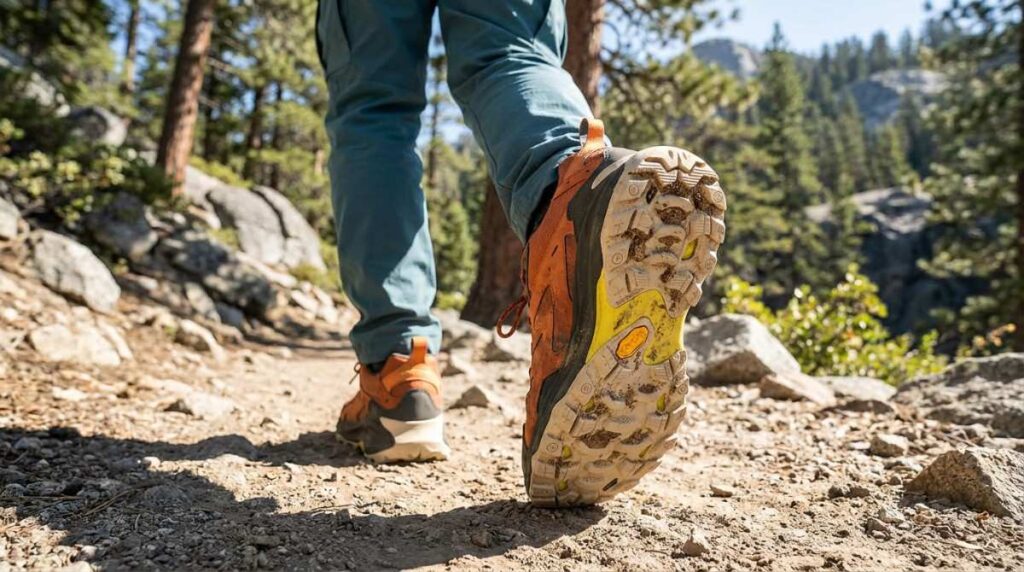 Back view of hiker walking on hiking trail. 