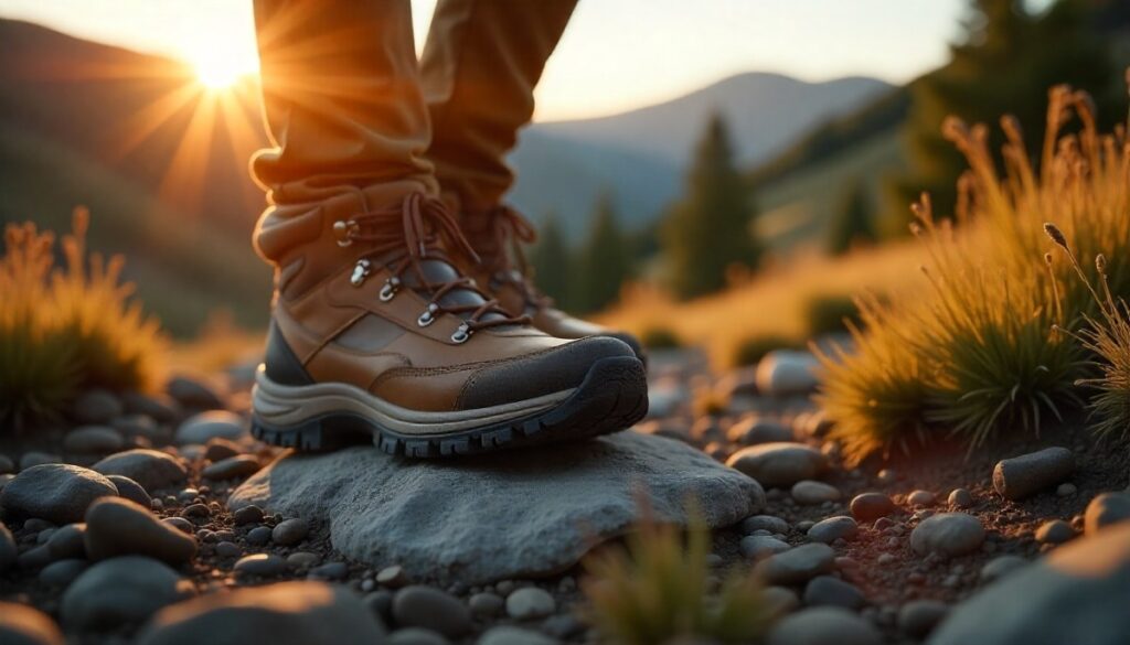 Bunion-friendly hiking boots with roomy forefoot on a sunlit alpine trail, showing wide toe box and low seams.