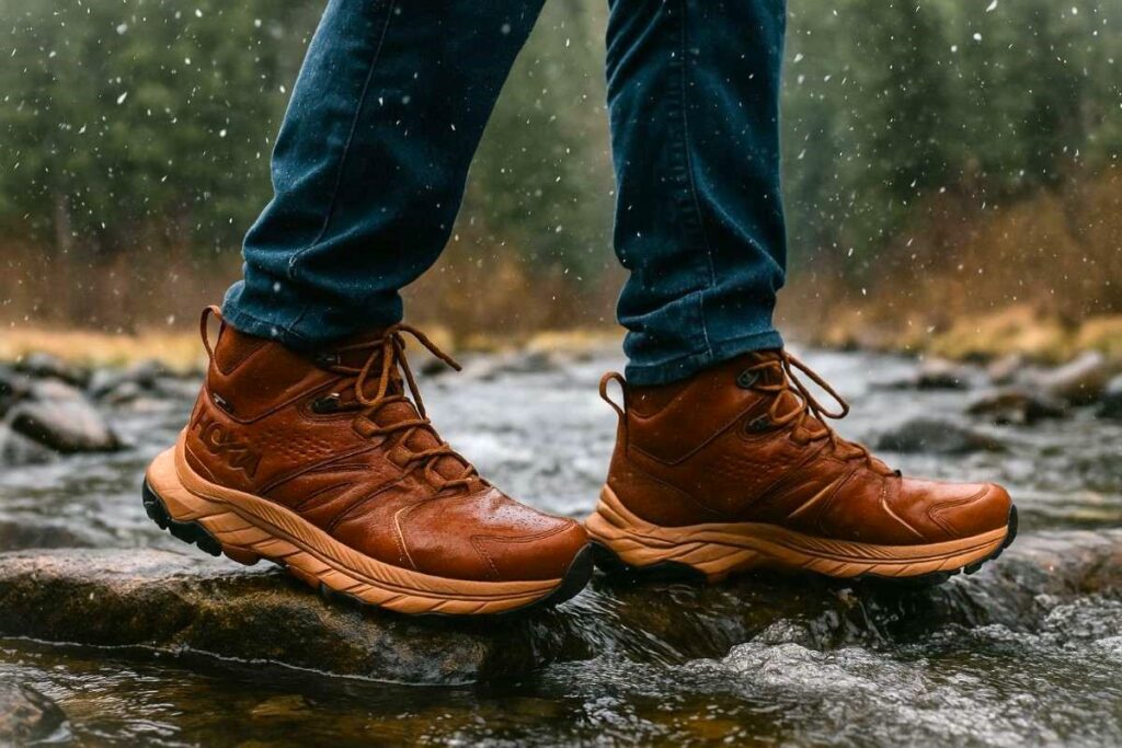 Hiker wearing hiking boots and standing on rock slabs in water stream.