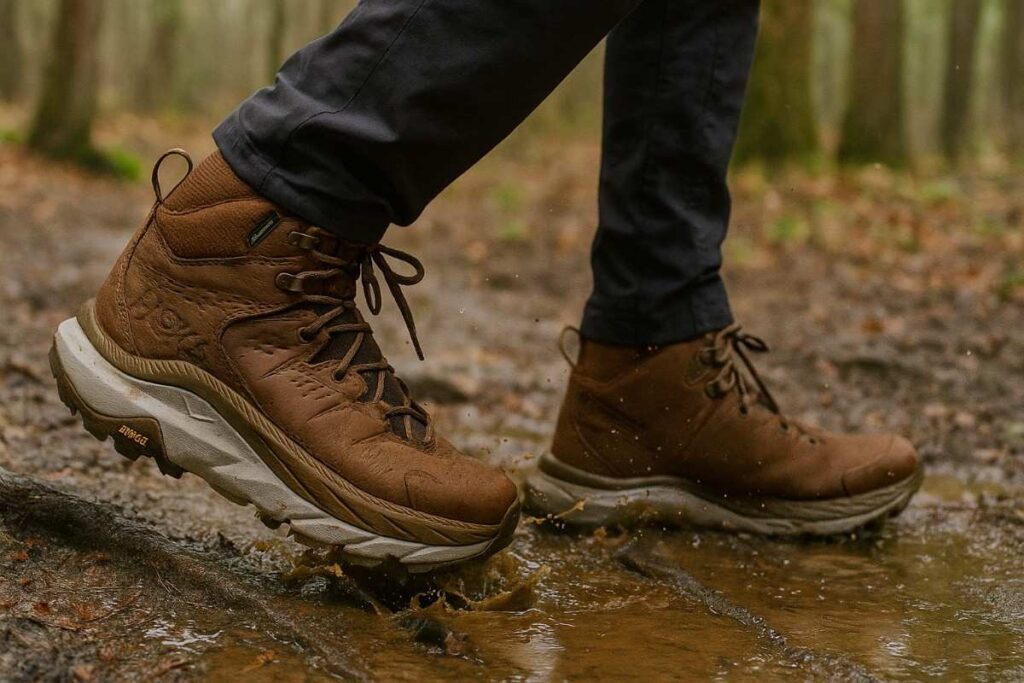 Knees down shot of hiker walking on muddy sirface in forest while wearing Hoka Kaha 2 GTX.