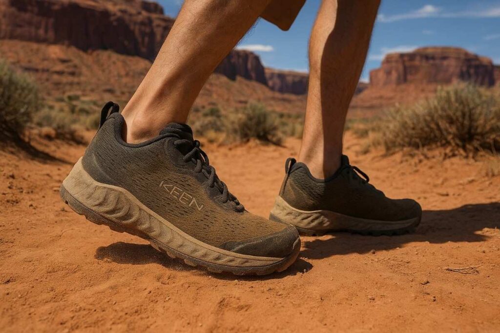 Hiker wearing KEEN NXIS Speed shoes trekking sandy desert singletrack in Utah.