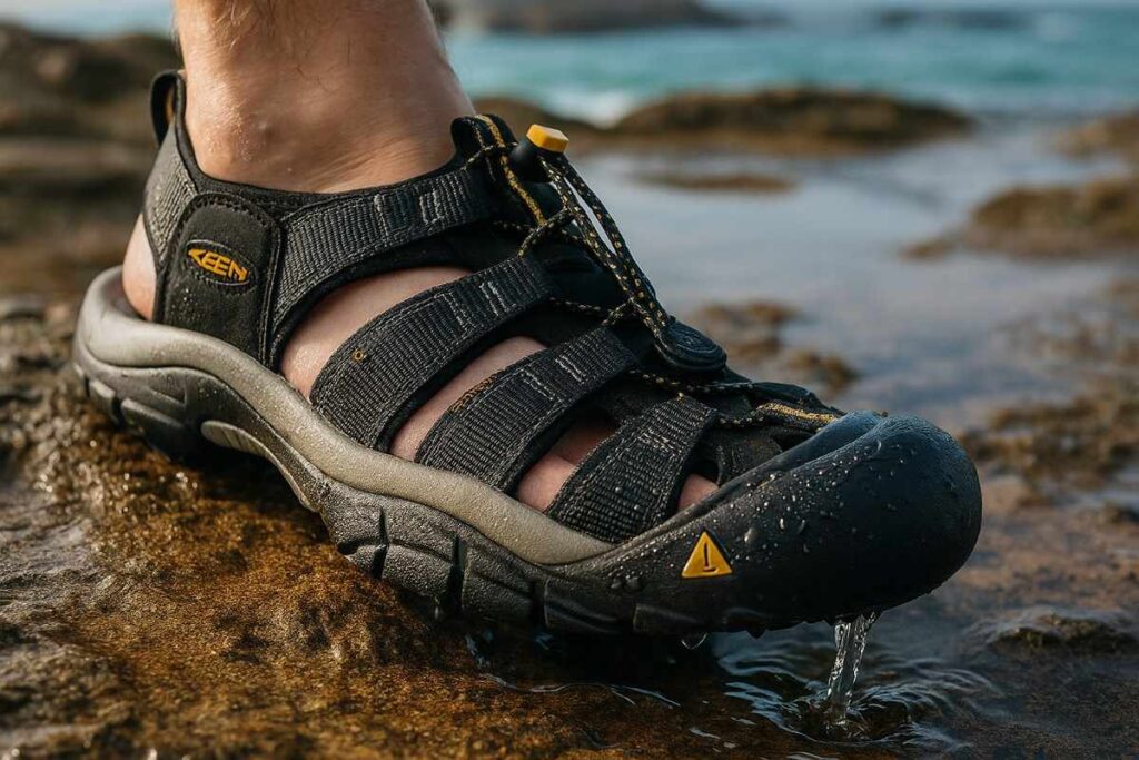 Close up of Keen NewPort H2 on shore.