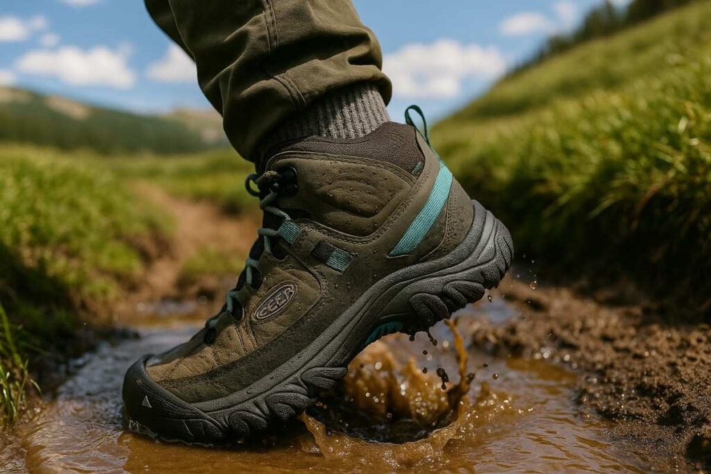 Hiker’s legs wearing KEEN Targhee III Mid Waterproof crossing a muddy creek approach in alpine meadow.