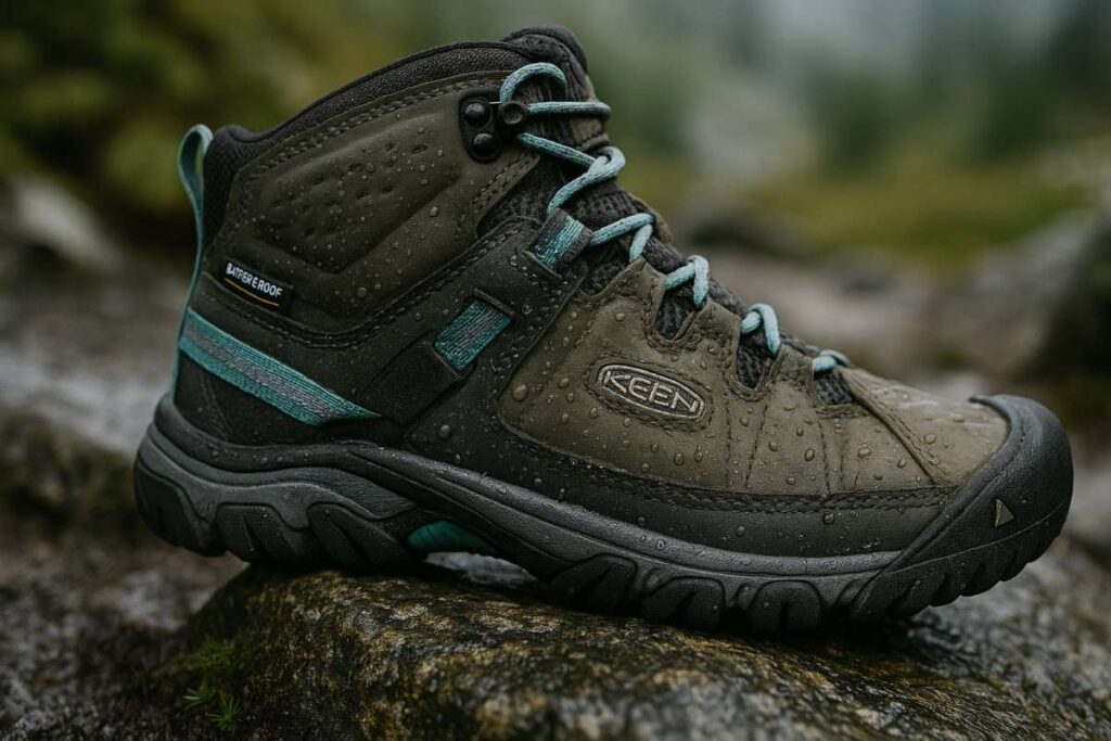 Close-up of Keen Targhee III Mid Waterproof on rocky surface.