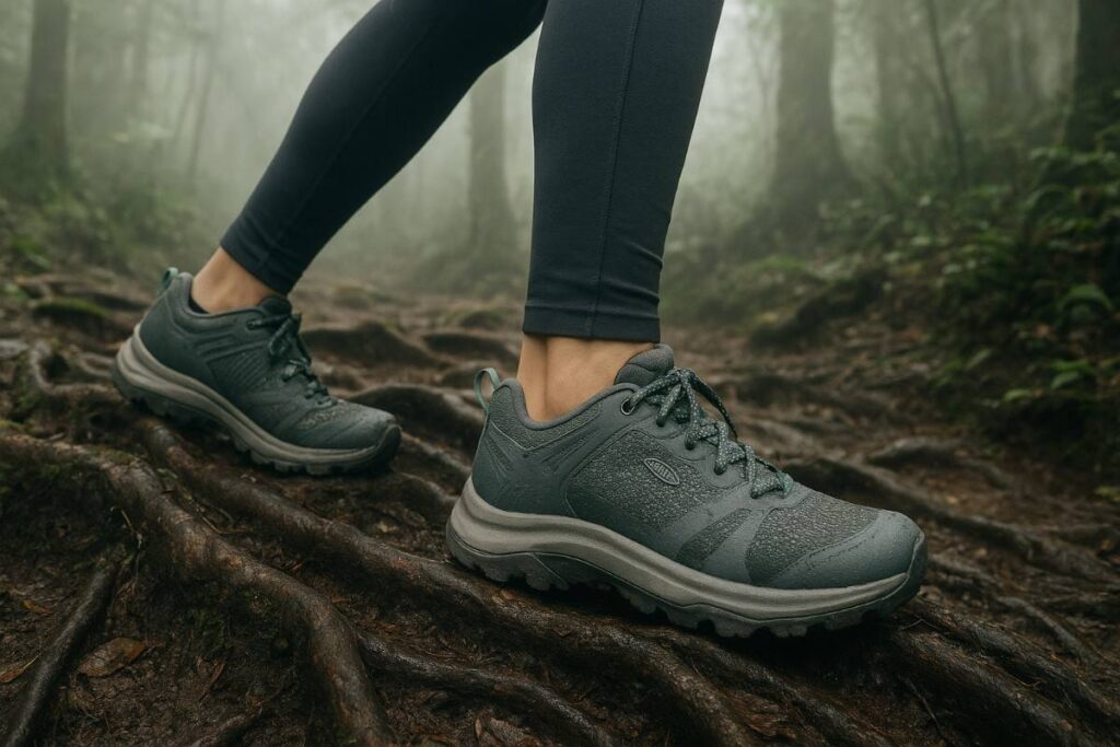 Female hiker testing KEEN Terradora II Waterproof shoes on damp forest terrain with wet roots.