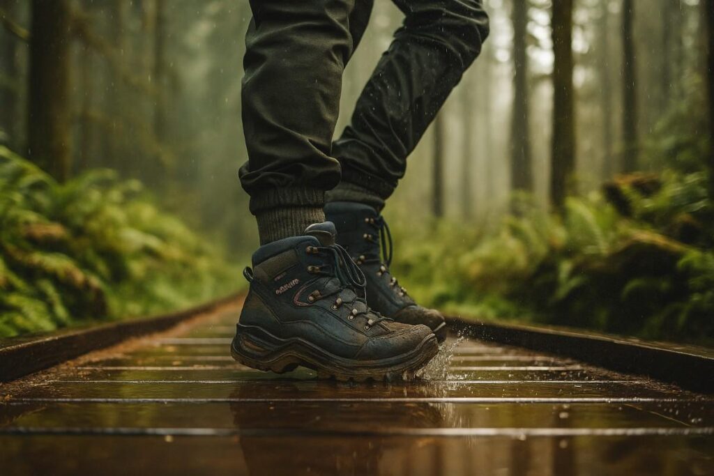 Hiker legs wearing LOWA Renegade Evo GTX walking on a rain-slick forest boardwalk.