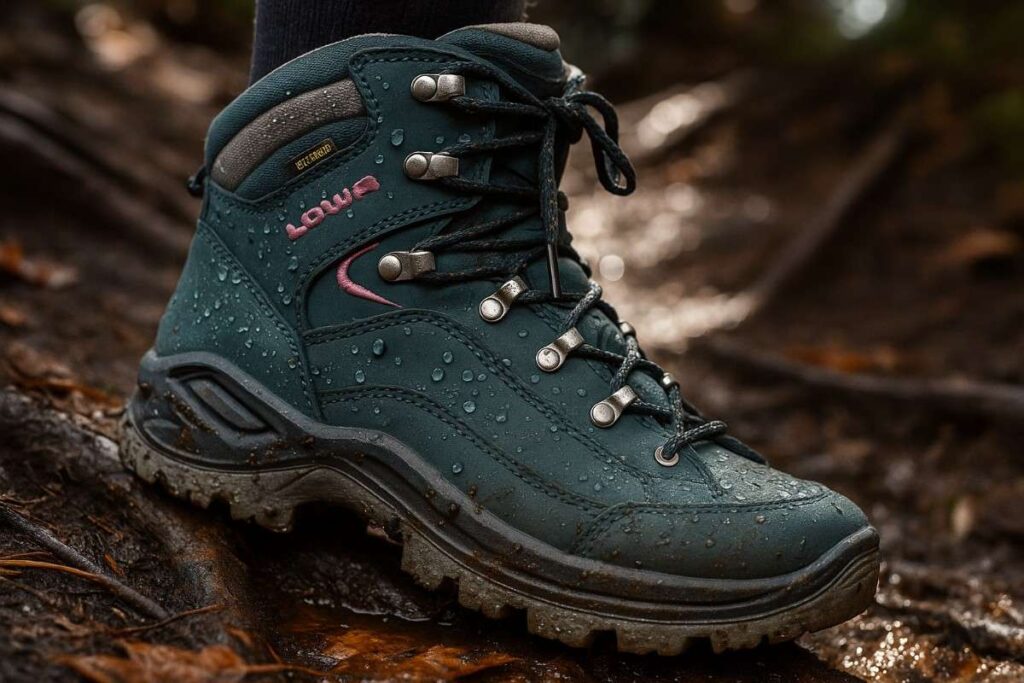 LOWA Renegade Evo GTX women’s boot close-up on rain-slick forest trail with mud and wet leaves.