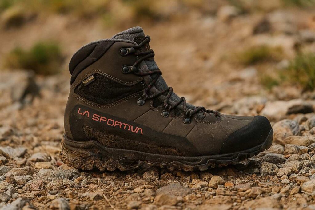 Close-up of La Sportiva Nucleo High II GTX boots on scree trail in Indian Peaks, Colorado.