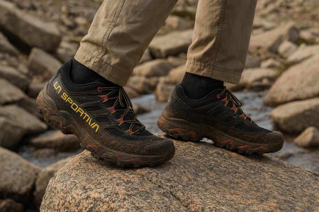 Hiker’s legs wearing La Sportiva Ultra Raptor II on Colorado talus slope, narrow fit stability on rocky creek terrain.