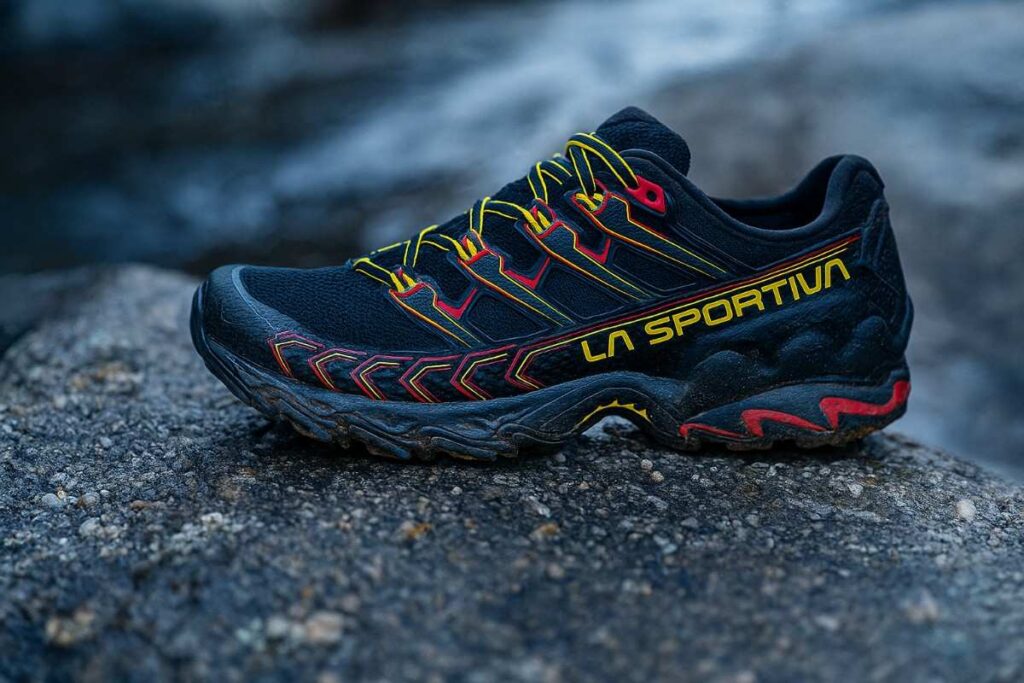 La Sportiva Ultra Raptor II hiking shoe close-up on wet granite talus, detailed tread for narrow feet hikers.