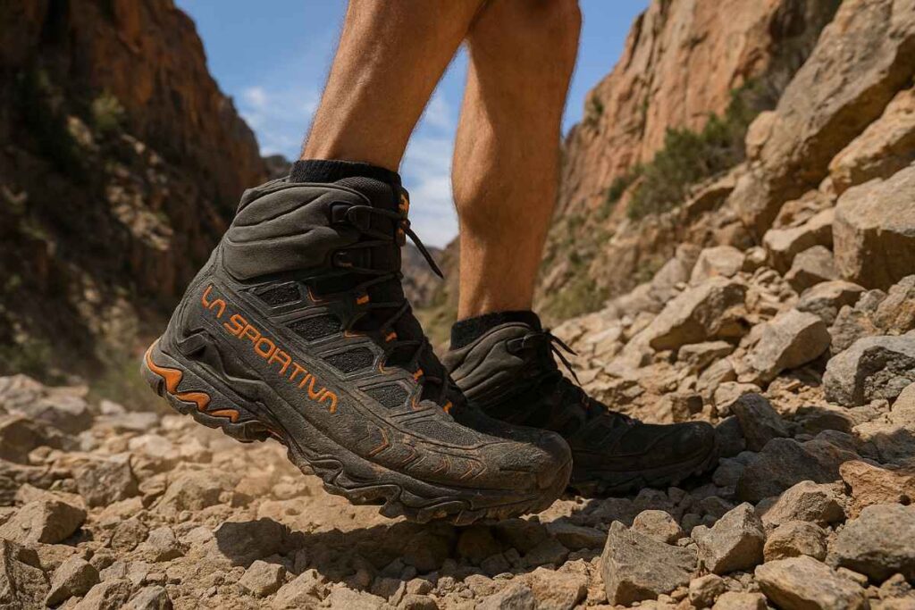 Hiker testing La Sportiva Ultra Raptor II Mid GTX vegan boots on rocky scree slope in Eldorado Canyon, Colorado.