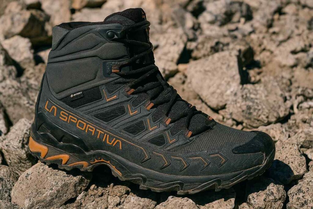 Close-up of La Sportiva Ultra Raptor II Mid GTX vegan hiking boots on granite scree trail in Eldorado Canyon, Colorado.