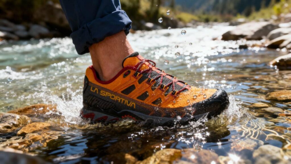 Close-up of hiker's leg wearing La Sportiva Ultra Raptor II, standing in water stream.