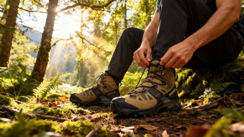 Hiker lacing up boot in the jungle.