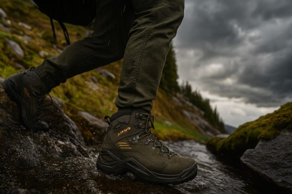 Knees down shot of hiker's lgs wearing Lowa Renegade EVO GTX and crossing narrow water stream.