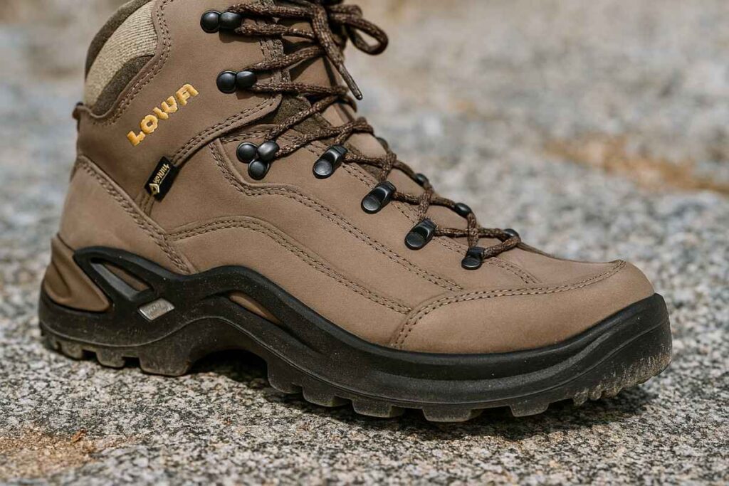 Close-up of Lowa Renegade GTX Mid on granite slab, showing nubuck upper and Vibram outsole.