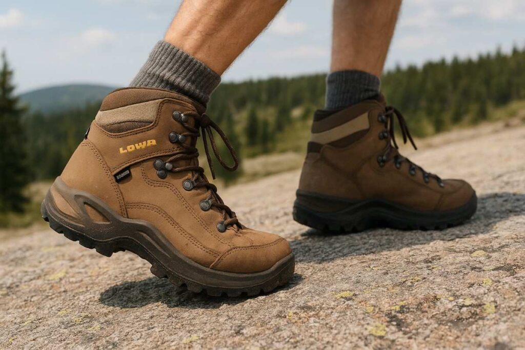 Hiker’s legs in Lowa Renegade GTX Mid descending a granite slab on a Colorado ridge.