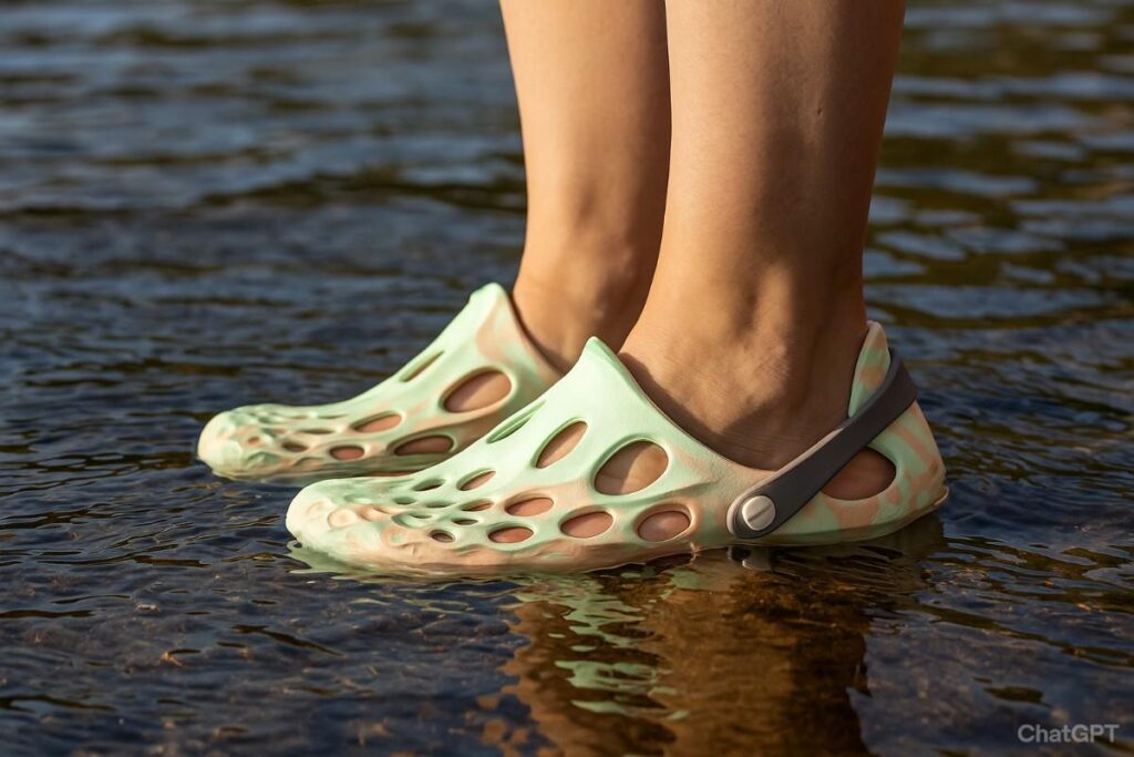 Woman standing in shallow river wearing Merrell Hydro Moc water shoes.