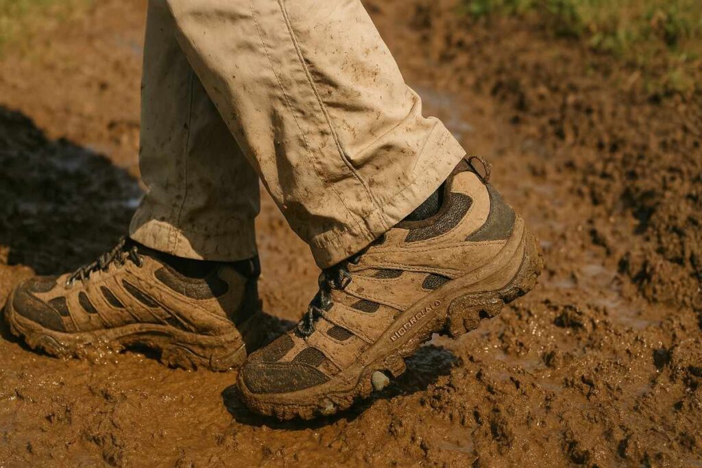 Female hiker testing Merrell Moab 3 Waterproof shoes on a wet muddy trail.