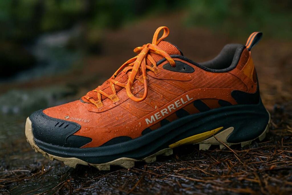 Close-up of Merrell Moab Speed 2 GTX shoes on wet pine-needle trail.