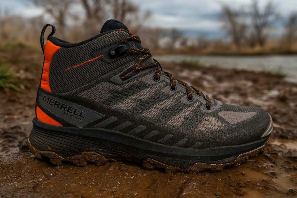 Close-up of Merrell Speed Eco Mid Waterproof vegan hiking boots on muddy trail near Bear Creek Lake Park, Colorado.