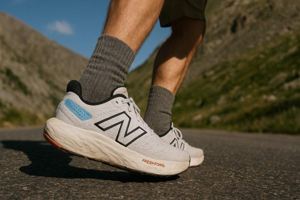 Hiker’s legs wearing New Balance 1080v13 ascending a paved mountain approach near Boulder with visible heel compression.