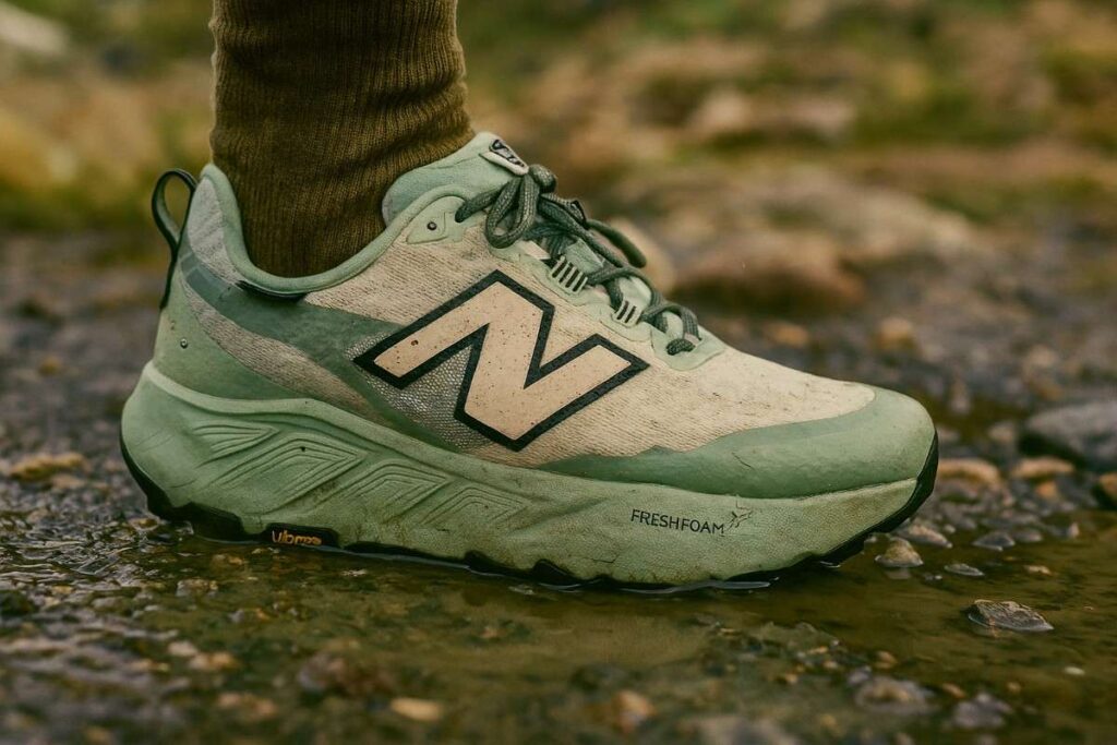 New Balance Fresh Foam X Hierro v9 GTX waterproof trail shoes on wet rocky terrain close-up.